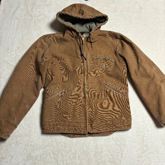 Carhartt Other - Carhartt Hooded Canvas Jacket Small Sherpa Lined Brown J141 Workwear Distressed